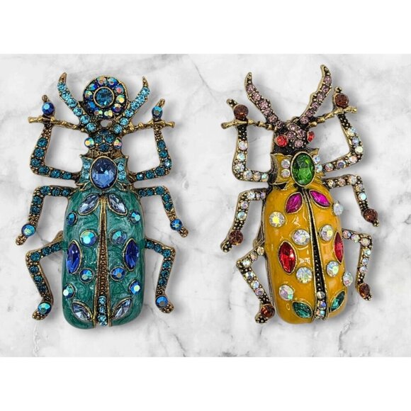 Beetle Scarab Brooches Lot of 2 Teal Yellow Enamel Rhinestones Gold Tone Egypt - Picture 1 of 8